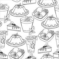 Seamless pattern with desserts and drinks. Black and white line style. Ice cream, pudding, cheesecake, lemonade, mint leaves. Hand drawn. vector