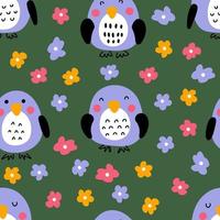 Hand drawn summer penguins with flowers seamless pattern. vector