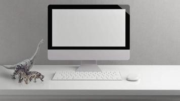 Blank screen desktop computer in minimal office room with decorations and copy space photo