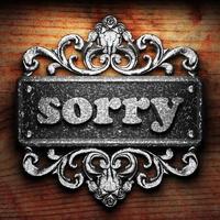 sorry word of iron on wooden background photo