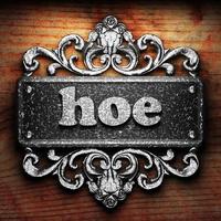 hoe word of iron on wooden background photo