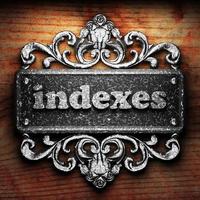 indexes word of iron on wooden background photo