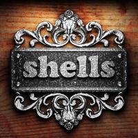 shells word of iron on wooden background photo