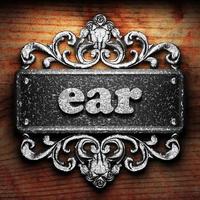 ear word of iron on wooden background photo