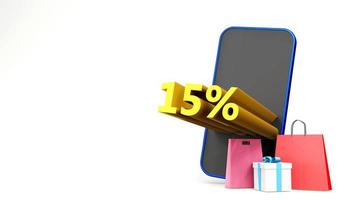 15 percent symbol with shopping bag and smartphone , 3D render isolated background photo