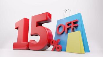 15  percent symbol with shopping bag , 3D render isolated background photo