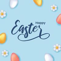 Happy easter flat lay top view with egg and flower decoration and blue background vector