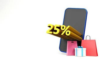 25 percent symbol with shopping bag and smartphone , 3D render isolated background photo