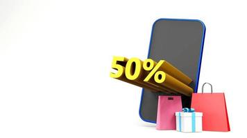 50 percent symbol with shopping bag and smartphone , 3D render isolated background photo