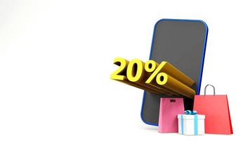 20 percent symbol with shopping bag and smartphone , 3D render isolated background photo