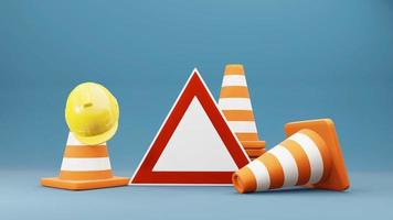 Traffic cones road cones safety helmet and road sign 3d rendering photo