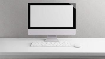 Blank screen desktop computer in minimal office room with decorations and copy space photo