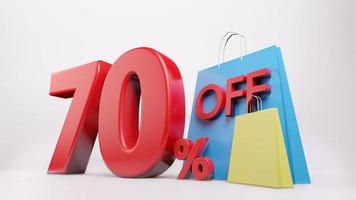 70  percent symbol with shopping bag , 3D render isolated background photo