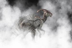 dinosaurio parasaurolophus sobre fondo de humo foto