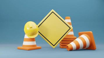 Traffic cones road cones safety helmet and road sign 3d rendering photo