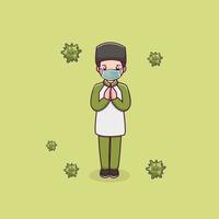 Cute boy muslim wear medical mask cartoon vector