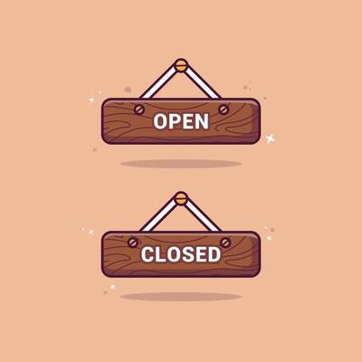 open and closed signs with wood cartoon