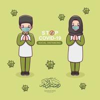 Cute boy and girl muslim wear medical mask cartoon vector