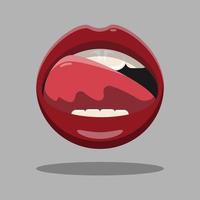 Woman's mouth to express delicious state. Mouth open with red lips, tongue and teeth. Isolated vector illustration