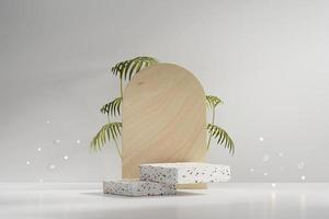 Terrazzo marble product presentation podium platform mock-up  3d rendering with palm tree background photo