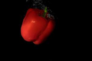 red bell pepper in water with splash on black background. photo
