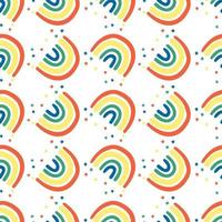 Colorful rainbows with stars seamless vector repeat pattern Isolated on white background. bright neon colors with sketched stars, thick sloppy marker.