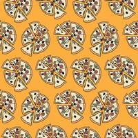 Pizza seamless vector pattern isolated on Yellow background. Fast food seamless vector.