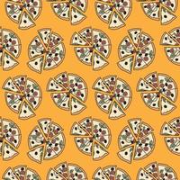 Pizza seamless vector pattern isolated on Yellow background. Fast food seamless vector.