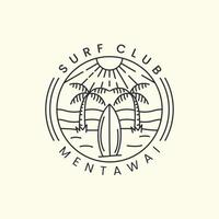 surf club mentawai beach with emblem and line art  style logo icon template design. palm tree, sun, grass,california, paradise, vector illustration