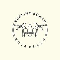 surfing board with emblem and line art style logo icon template design. kuta beach,palm tree, cloud, sea, vector illustration
