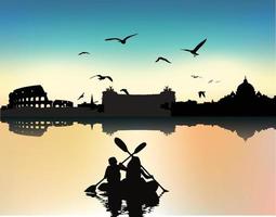 Silhouette People Sailing On Boat In River During Sunset vector