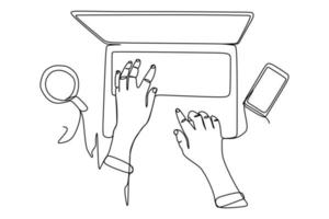 dibujo de una sola línea continua de la persona que juega o trabaja con teléfono o teléfono inteligente y computadora portátil. diseño de dibujo de línea simple y moderno. ilustración vectorial diseño minimalista tema de tecnología móvil inteligente. vector