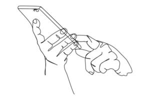 Continuous one line drawing of someone hand touching the smart phone screen. Hand drawn style line drawing for technology and business model and concept. vector