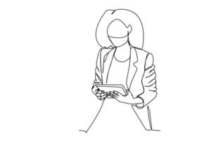 Continuous one line drawing of a businesswoman looking at the tablet computer. Hand drawn style line drawing for technology and business model and concept. vector