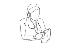 continuous one line drawing of woman holding phone listening music in headphones. Simple line hand drawn style vector illustration