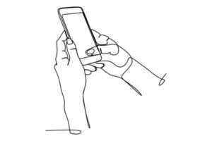 Continuous one line drawing of someone hand touching the smart phone screen. Hand drawn style line drawing for technology and business model and concept. vector