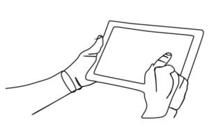 One continuous line drawing of hand holding tablet computer or smartphone. Modern simple line draw design. Vector illustration minimalism design smart mobile technology theme.