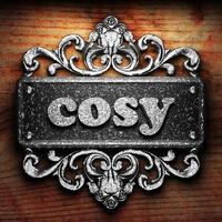 cosy word of iron on wooden background photo