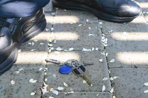 Lost bunch of keys under the feet of a passer-by photo