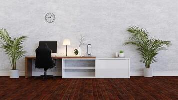 background of office working room with table computer and office chair, 3D rendering photo