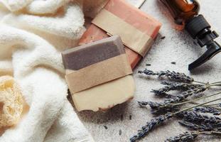 Natural soap with dried lavender flowers photo