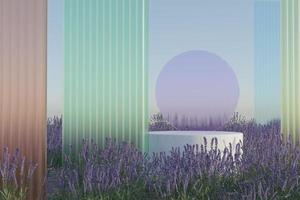Podium on natural lavender flower field with frosted glass 3D render illustration