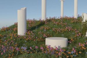 Empty product podium with spring flower field 3D render illustration photo
