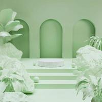 Minimal marble podium with plants and rock on green background 3D render illustration photo