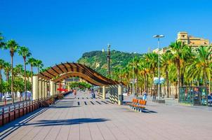 Barcelona, Spain - June 11, 2017 promenade embankment of Barcelona with wooden construction, alley of palm trees photo