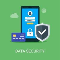 Data security vector illustration concept in flat style. Phone, account, shield, card, padlock icon suitable for many purposes.