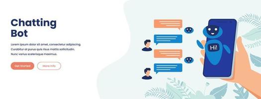 Chat bot message, online customer support, chatbot assistant vector illustration banner concept in flat style. Suitable for web banners, social media, postcard, presentation and many more.