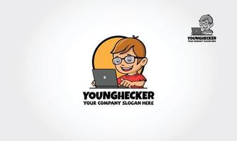 Young Hacker Logo Cartoon Mascot. Vector logo illustration. Vector cartoon working with his laptop. A cute and Smart Mascot Boy or Character for your web design needs.