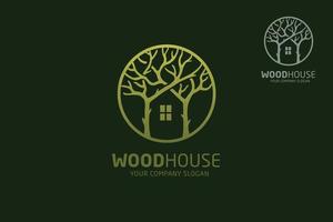plantilla de logotipo de vector de casa de madera. plantilla de diseño de dos árboles incorporados con una casa hecha desde un simple rasguño. es bueno para simbolizar una propiedad o un negocio de viviendas de madera.
