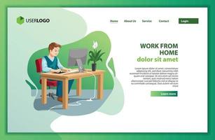 Boy working at home new normal concept. Concept illustration work stay at home. Web Design Vector Template.